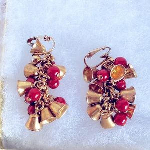 1 1/2”. “AVON” Vintage Red Beads & Gold Bells Clip-Ons